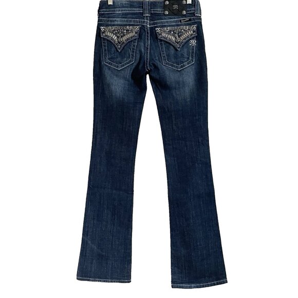 Miss Me Bootcut Jeans 27 Low Rise Embellished Bling Beaded Flap Pocket Stretch - Picture 2 of 12